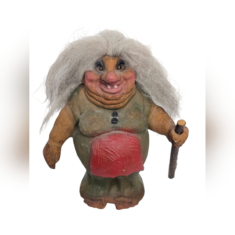Vtg NyForm Troll Norway #114 Smiling Woman w/Grey Hair & Wooden Walking Stick 7"